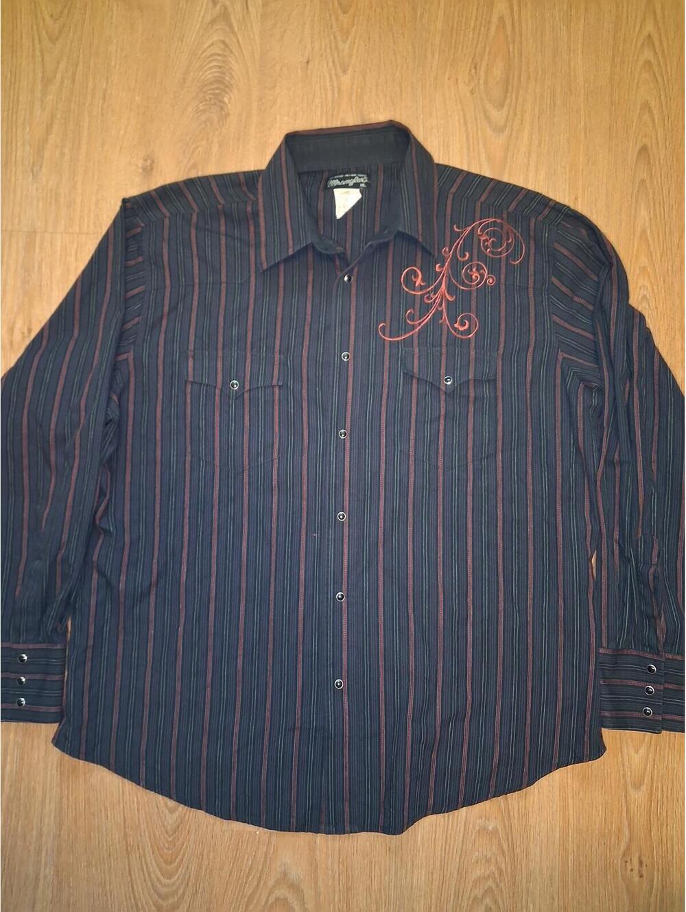 Wrangler Pearl Snap XL Black Red Striped Embroidery Cotton